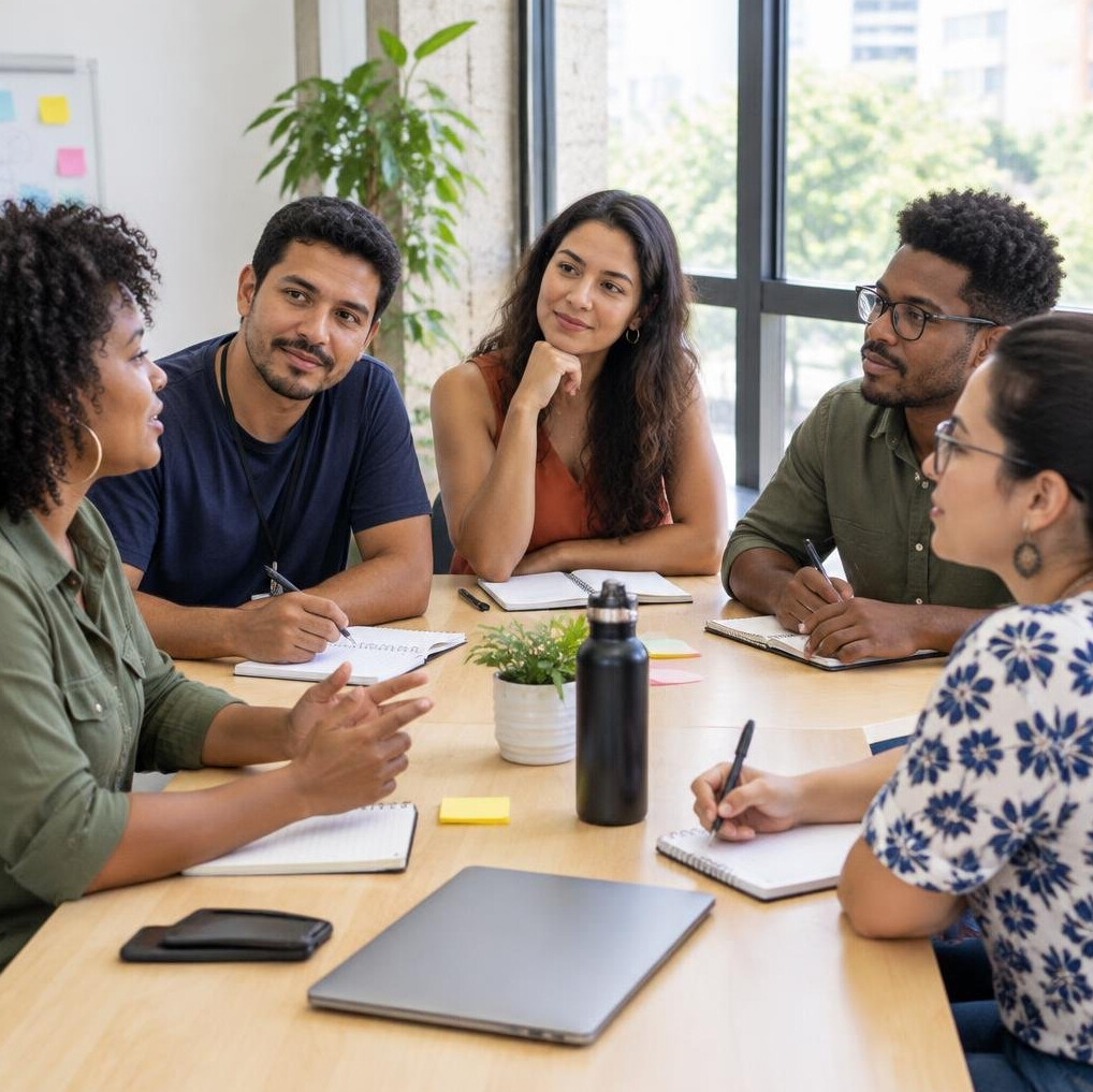 Group of colleagues sitting around a table in a discussion workshop